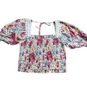 Moodie Smocked Halter Tie Back Neck Puff Sleeve Women's Floral Size S